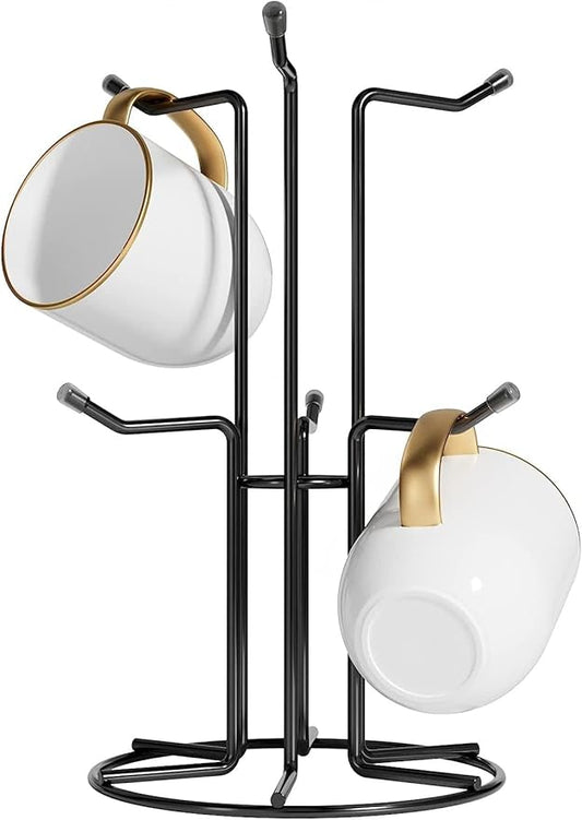 HULISEN Mug Tree for Large Cups, Counter Coffee Mug Holder with 6 Hooks, Metal Coffee Cup Holder Tree, Standing Rack for Countertop, Kitchen Counter Decor, Black-NeatNest