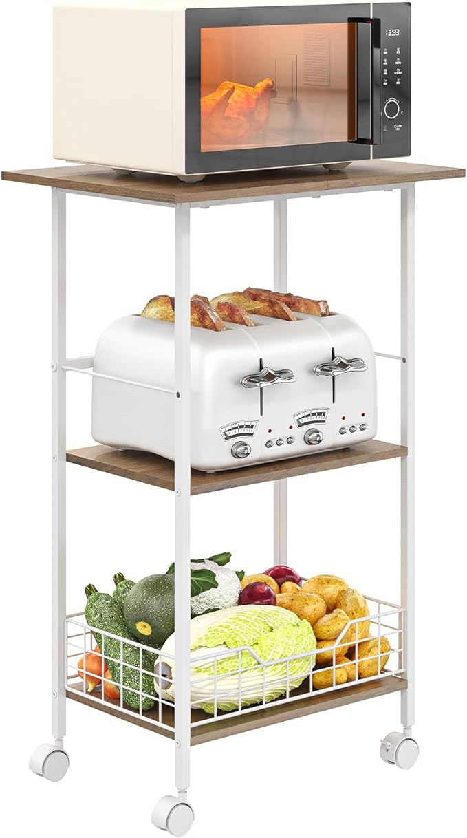 Microwave Cart with Storage, 3-Tier Rolling Kitchen Stand with Basket, Wood and Metal Utility Cart on Wheels, Coffee Bar Station, Small Baker’s Rack As Kitchen Island, Microwave Shelf Organizer, White