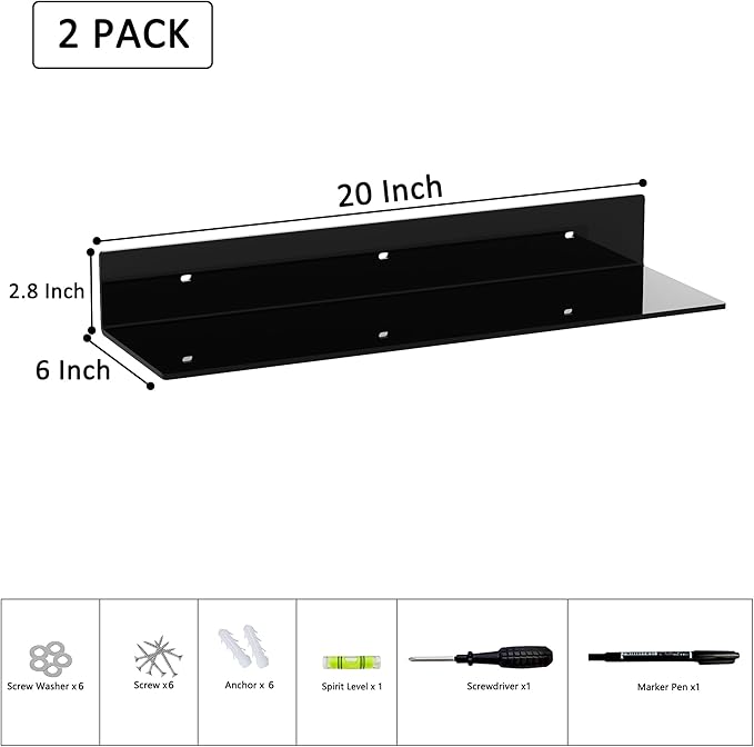 20 Inches Acrylic Wall Shelves 2 Pack, Floating Shelf for Wall Mounting, Acrylic Display Ledges for Funko Pop Figures, Home Décor, Living Room, Gaming Room, Plants(20 inch, Black)-NeatNest