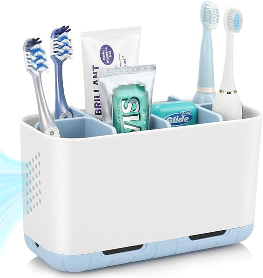 Boperzi Electric Toothbrush Holder for Bathroom Organizer Countertop, Detachable Anti-Slip Blue Toothpaste Storage Caddy 6 Slots White with Drainage Holes for Makeup Brush Razor Stand-NeatNest