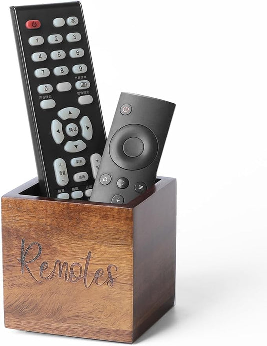 Acacia Wood TV Remote Holder, Caddy and Organizer for Table, Vintage Farmhouse Desk Caddy (Brown for 2 or 3 Remote Controls)-NeatNest