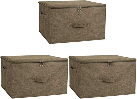 ANMINY 3PCS Storage Bins with Zipper Lids 51.9 Qt Lidded Fabric Storage Boxes Baskets Cubes with Handles Collapsible Washable Cotton Linen Closet Shelf Clothes Organizer - Coffee, Extra Large-NeatNest