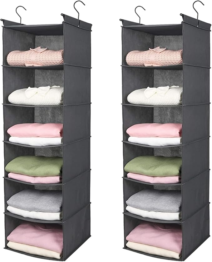 MAX Houser 6 Tier Shelf Hanging Closet Organizer, Closet Hanging Shelf with 2 Sturdy Hooks for Storage,2 Pack, Foldable (Grey)-NeatNest