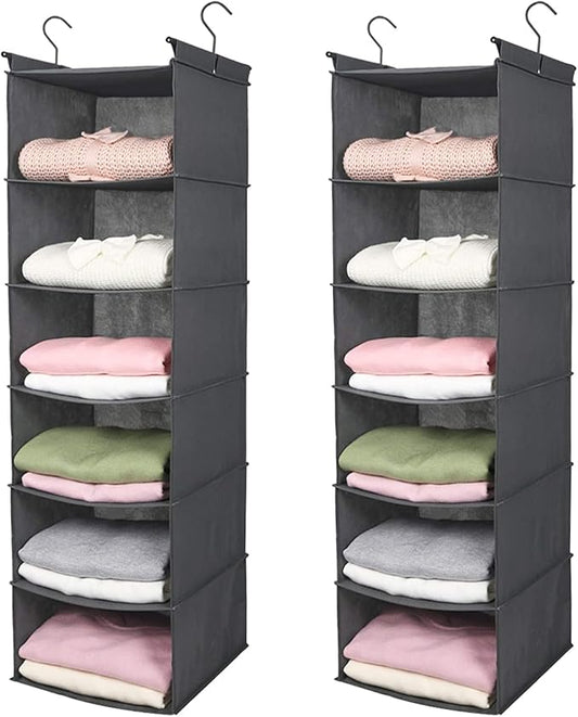 MAX Houser 6 Tier Shelf Hanging Closet Organizer, Closet Hanging Shelf with 2 Sturdy Hooks for Storage,2 Pack, Foldable (Grey)-NeatNest