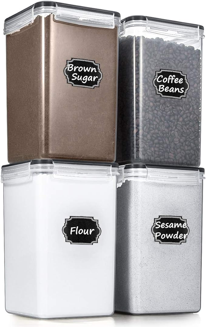 Wildone Extra Large Tall Airtight Food Storage Containers 6.5L/ 5.9QT, Plastic BPA Free Kitchen Pantry Storage Containers 4 Pieces for Flour, Sugar, Rice, with 20 Labels & 1 Marker, Black