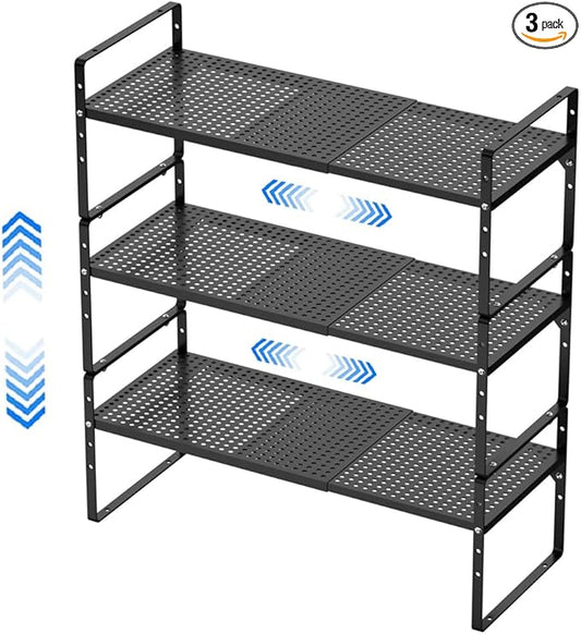Expandable Cabinet Shelf Organizers, Stackable Cabinet Pantry Counter Under Sink Shelves Storage Shelf Rack for Kitchen Home Office, 10.24" W Black, 3 pack-NeatNest