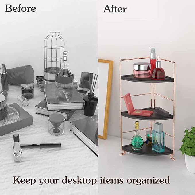3-Tier Bathroom Countertop Organizer, Vanity Tray Cosmetic & Makeup Storage, Kitchen Spice Rack Standing Shelf, Corner Storage Shelf, Black & Rose Gold-NeatNest