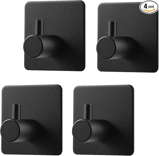Adhesive Hooks 4 Pack Heavy Duty Stick on Wall Hooks Robe Towel Hooks Waterproof Stainless Steel Black Self Adhesive Hook for Hanging Clothes Bathroom Sticky Hooks