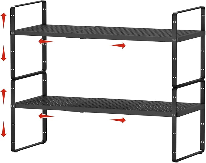 2Pack Expandable Cabinet Shelf Organizers, Stackable Metal Shelves Extender for Kitchen Countertop Storage, Adjustable Spices Shelves Rack Stand for Cupboard Pantry, Black-NeatNest