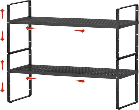2Pack Expandable Cabinet Shelf Organizers, Stackable Metal Shelves Extender for Kitchen Countertop Storage, Adjustable Spices Shelves Rack Stand for Cupboard Pantry, Black-NeatNest