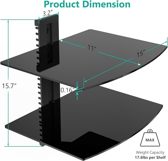 WALI Floating Entertainment Center Shelves, Holds Up to 17.6lbs, TV Shelf with Strengthened Tempered Glasses for DVD Players, Cable Boxes, Games Consoles, TV Accessories (CS202B), 2 Shelf, Black