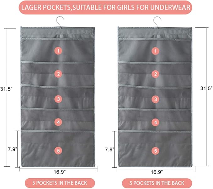Enlarged Closet Hanging Bra Organizer with Rotating Metal Hanger, Dual Sided Wall Shelf Wardrobe Mesh Pockets Hanging Storage Bag for Bra Socks Underwear Underpants-NeatNest