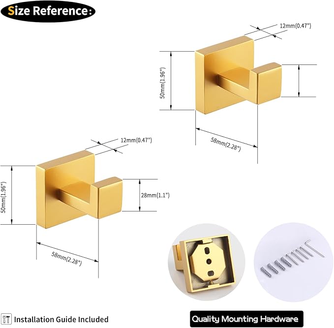 GERZWY Towel Hook Wall Mounted Robe Hook Heavy Duty Coat Hook Luxury Hooks for Bathroom 2 Pack Gold Stainless Steel FG1607-2BE