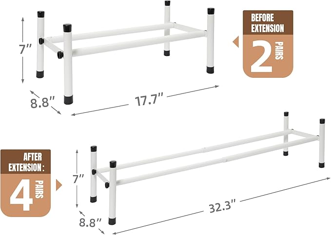 STORAGE MANIAC Expandable Shoe Rack, 4 Pairs Stackable Small Shoe Rack, Metal Adjustable Shoes Organizer for Closet, Entryway, Hallway, Garage, Front Door, Shoes Shelves, White 1 Tier-NeatNest