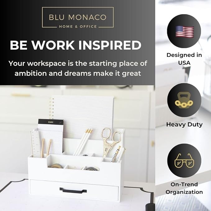 BLU MONACO White Wooden Desk Organizer with Drawer – Office Desk Caddy for Supplies and Accessories – Stylish Desktop Storage for Women-NeatNest
