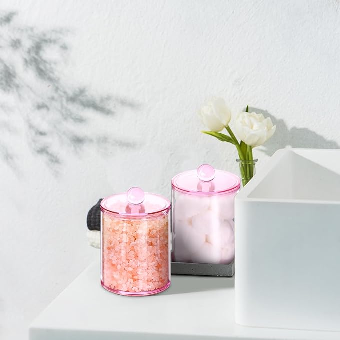 Qtip Holder Dispenser, 6 Pack 10 oz, 12 oz Plastic Apothecary Jar Set for Bathroom Canister Storage Organization,Vanity Makeup Organizer for Cotton Swab, Ball, Pads, Floss.(Pink)