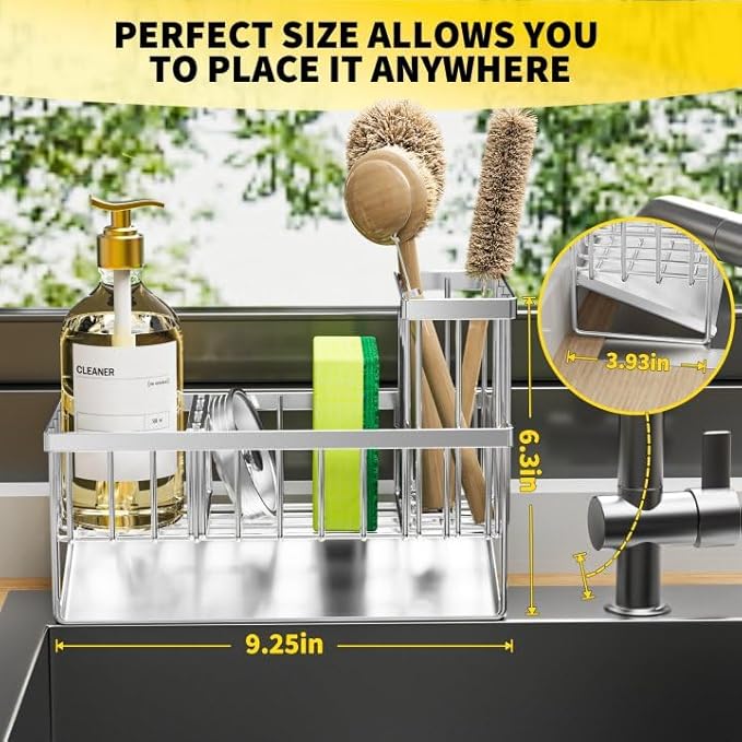 Cisily Sink Caddy Sponge Holder for Kitchen, 304 Stainless Steel Rustproof, Kitchen Sink Caddy with High Brush Holder, Dish Sponge Organizer with Divider(Silver)-NeatNest