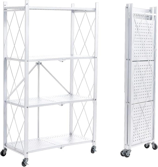 BRIAN & DANY 4-Shelf Foldable Storage Shelves with Wheels, Folding Metal Rack Shelving Unit, Heavy Duty No Assembly Organizer Shelf for Garage, Kitchen, Pantry, White-NeatNest