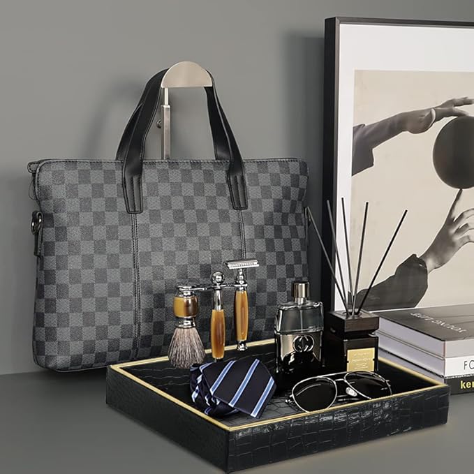 HofferRuffer Faux Leather Vanity Tray, Elegant Desktop Storage Organizer, Decorative Catchall Perfume Tray, Bathroom Valet or Nightstand Dresser Organizer (Black Croco)-NeatNest