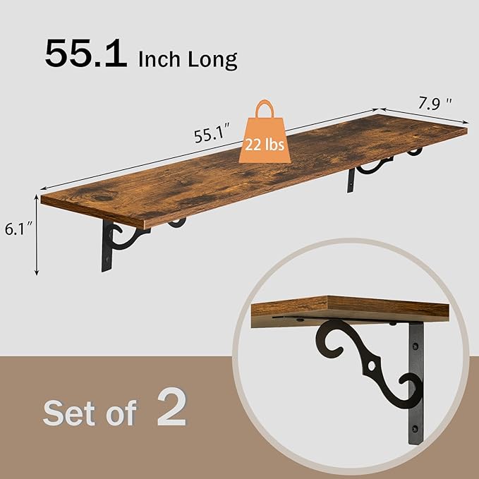 DINZI LVJ Long Wall Shelves, 55.1" Large Floating Shelves Set of 2, Wide Display Shelf Wall Mounted with Brackets, Easy Hanging for Living Room, Toilet, Office, Bedroom, Rustic Brown-NeatNest