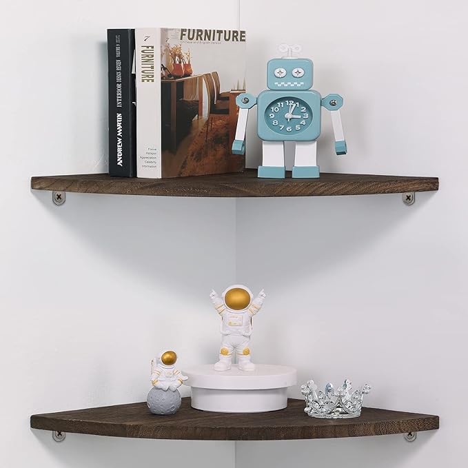 10 inch Corner Wall Shelf, Set of 2 Solid Wood Corner Floating Shelves for Wall, Round End Wall Mounted Floating Corner Shelf for Bedroom, Living Room and Kitchen (Brown-10 inch)-NeatNest