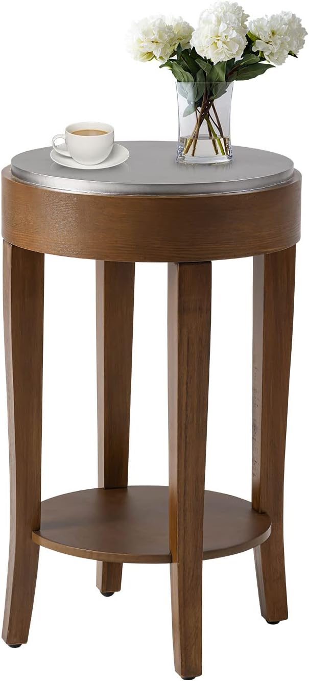 COSIEST Round End Table, 2-Tier Classic Brown Side Table, Farmhouse Wood Accent Table with Storage Shelf for Living Room, Bedroom, Office, Distressed Glaze Finish-NeatNest