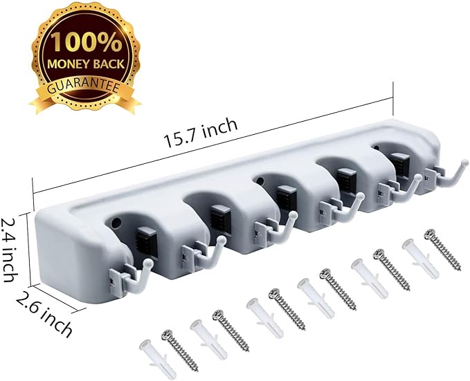 LETMY Broom Holder Wall Mounted - Mop and Broom Hanger Holder - Garage Storage Rack & Garden Tool Organizer - 5 Position 6 Hooks for Home, kitchen, Garden, Tools, Garage-NeatNest