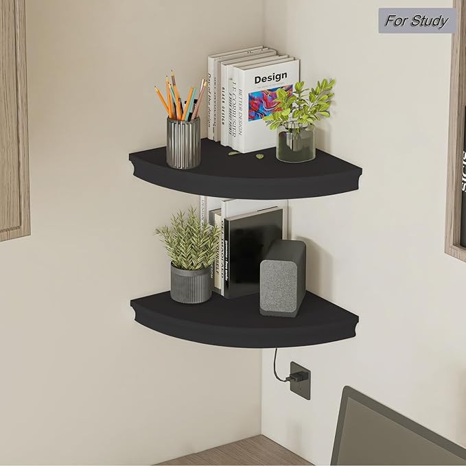 HAO Floating Corner Shelf Invisible Wall Mounted Shelves Radial Shape Cable Wire Hole Pattern Perfect for Bedroom Bathroom Living Room Kitchen Set of 2 Black-NeatNest