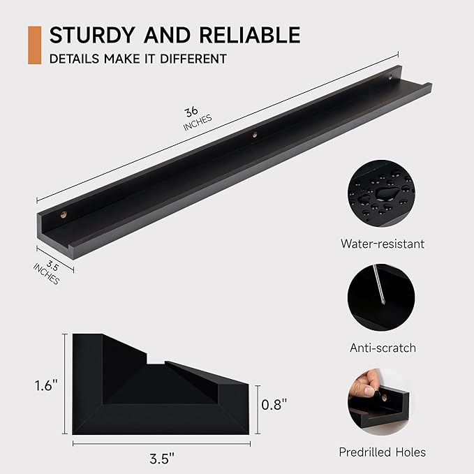 Fun Memories Picture Ledge Shelf, 36 Inch Floating Shelves Set of 2, Nursery Book Shelves for Toys Storage, Kids Bookshelf Wall Mounted for Wall Decor Books Photo Frames, Black-NeatNest