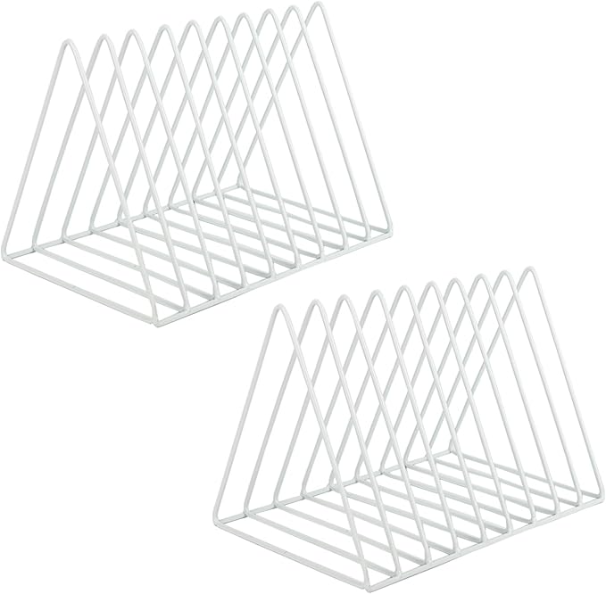EASEPRES Vinyl Record Holder Storage, 9 Slot Metal Magazine Book Album Display Rack, Stylish Triangle Desktop File Sorter Organizer for Home Office, White Pack of 2