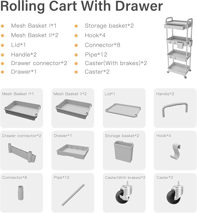 4 Tier Rolling Cart Organizer,Art Craft Diaper Bedside Snack Laundry Room Bathroom Organizer Narrow Thin Slim Rolling Trolley Utility Cart with Wheels for Kitchen,Office(Grey)-NeatNest