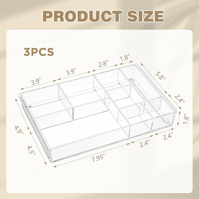 3 Pack Stackable Clear Drawer Organizer Trays 13.7" x 8.7" x 2" Plastic Acrylic Drawer Divider for Desk with 8 Compartments for Pens Paper Clips Sticky Notes Office Bathroom Arrangement