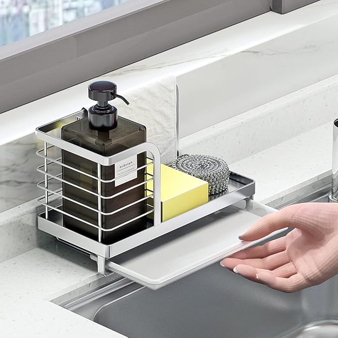 Countertop Dish Soap Holder, Kitchen Sink Caddy Organizer,Sponge Holder for Sink, Stainless Steel Sponge Soap Brush Holder with Drain Pan-NeatNest