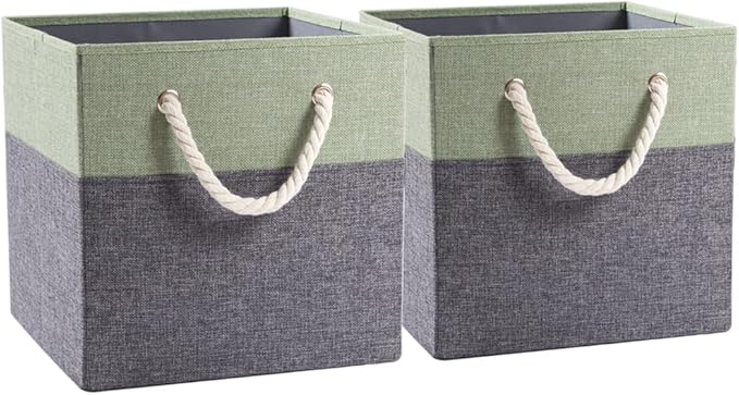 PRANDOM Large Foldable Cube Storage Bins 13x13 inch [2-Pack] Fabric Linen Storage Baskets Cubes Drawer with Cotton Handles Organizer for Shelves Nursery Closet Bedroom Green