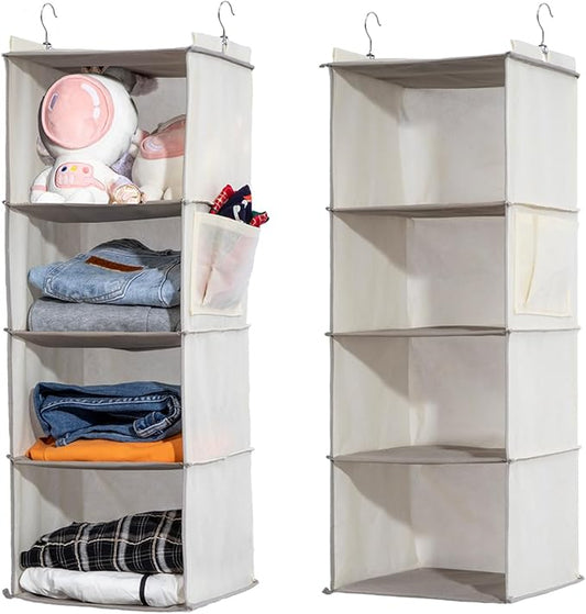 2 Packs Hanging Closet Organizer, 4-Shelf Closet Organizers and Storage with Side Pockets, Collapsible Hanging Shelves for Closet & RV & College Dorm,Beige-NeatNest