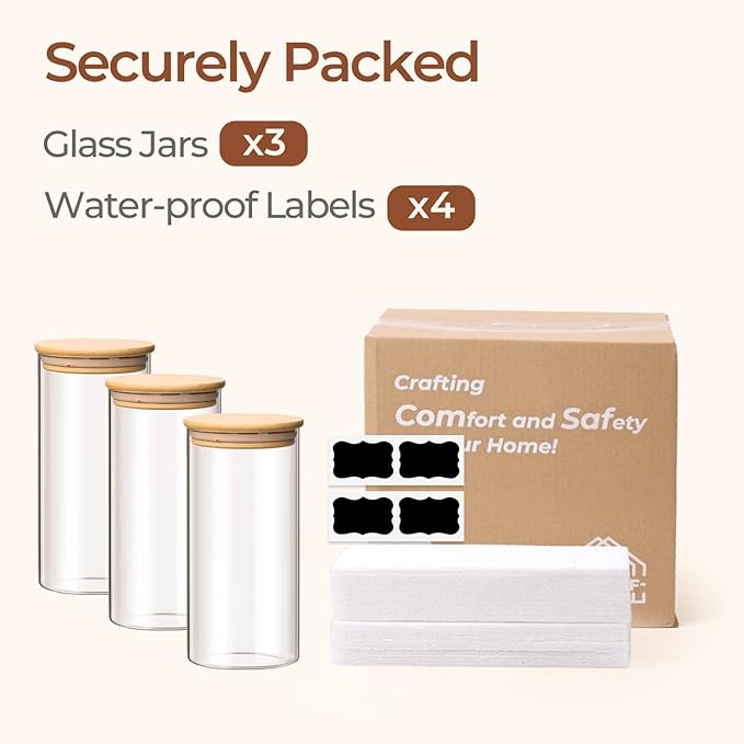 ComSaf Airtight Glass Storage Canister with Wood Lid(1.5 Qt), Set of 3 Glass Jars with Lids, Clear Food Storage Container Jar with Sealing Lids for Dry Food Cereal Oat Sugar Tea Coffee Beans, Round-NeatNest