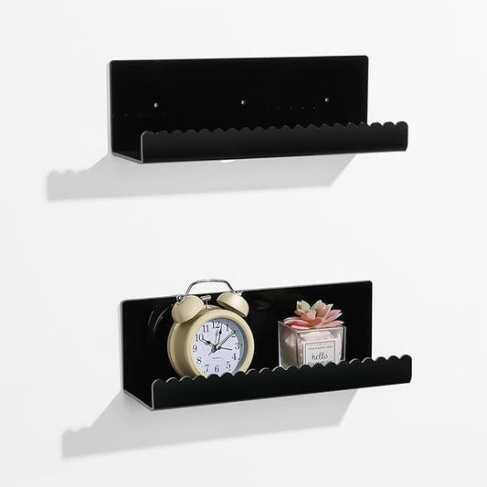 2 Pack Acrylic Wall Floating Shelves, Black Adhesive Organizer, Acrylic Floating Bookshelves, Wall Display Shelve for Bedroom, Gaming Room, Living Room, Bathroom, Office-NeatNest
