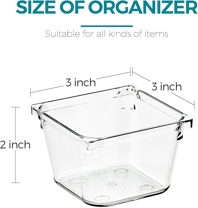 12 Pack Drawer Organizer - 3" X 3" Clear Acrylic Storage Bins with Non-Slip Pads, Versatile Desk Tray for Makeup, Jewelry, Kitchen, Bathroom, and Office Organization-NeatNest