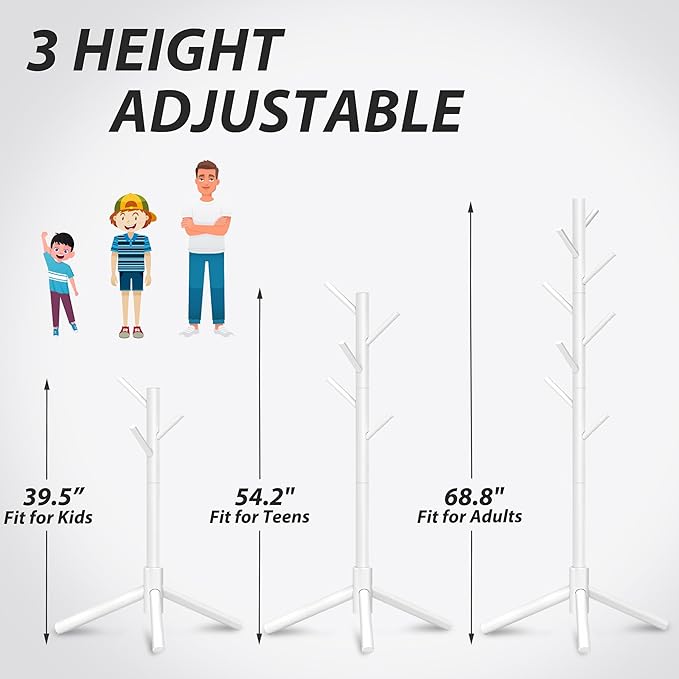 Durable Wooden Coat Rack, Freestanding Coat Rack with Stable Triangular Base, 8 Hooks & 3 Adjustable Heights, Simple Assembly for Bedroom, Hallway, Office(New White)-NeatNest