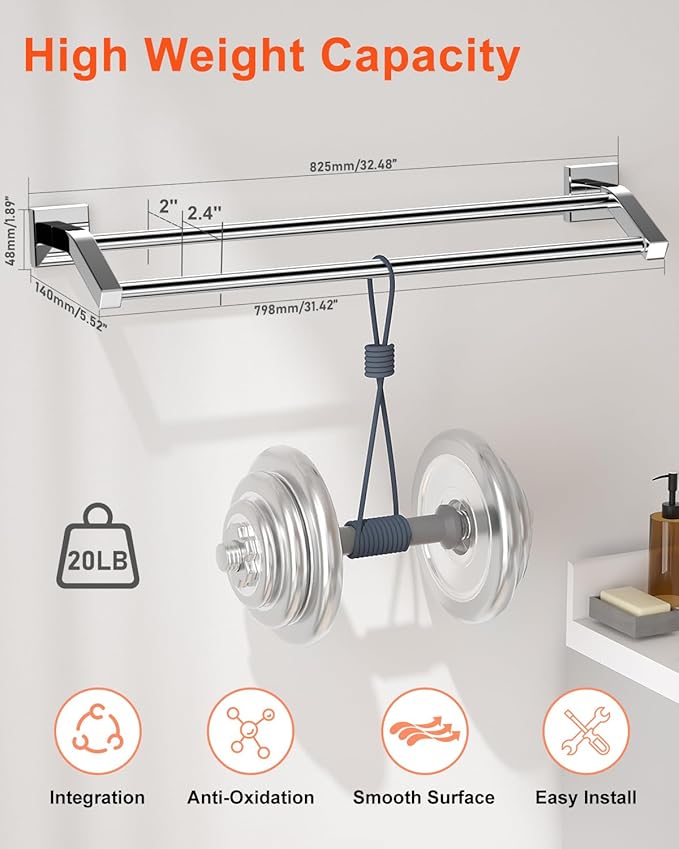 Alise Bath Double Towel Bars Towel Racks for Bathroom Lavatory,Wall Mount Towel Holder Heavy Duty SUS304 Stainless Steel Towel Hanger Towel Rail,Polished Chrome,32 Inch