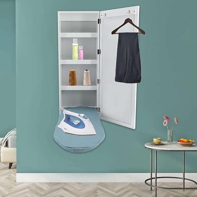 Ironing Board Cabinet Wall Mounted, Cabinet with Built-in Ironing Board, Foldable Ironing Storage Station with Mirror for Home, Apartment & Small Spaces, Easy-Release Lever