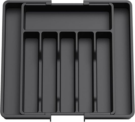 silverware drawer organizer, expandable silverware storage, utensil organizer, durable plastic cutlery storage box for forks, spoons, and knives - kitchen essentials for new home (black)-NeatNest