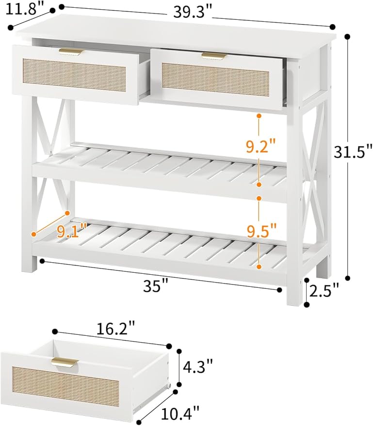 Console Table with 2 Rattan Drawers, Wooden Entryway Table with 3-Tier Storage Shelves, Display Shelf for Entryway, Hallway, Foyer and Living Room, White-NeatNest