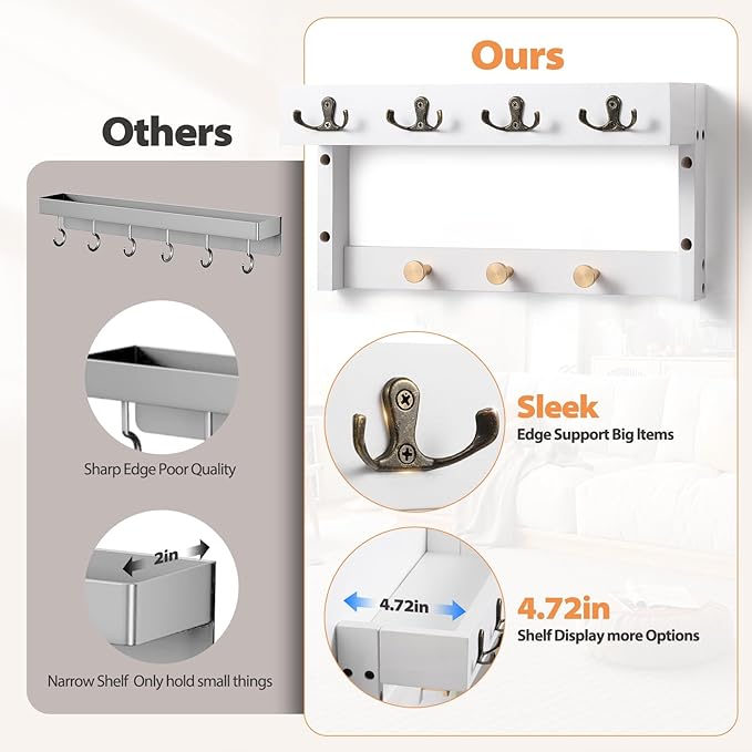 2 Pack Key Holder with 14 Hooks, Wall Hooks with Shelf, Mail Organizer with Hooks, 4 in 1 Coat and Key Hanger Shelf with Mail Holder for Entryway Living Room, Bedroom （White