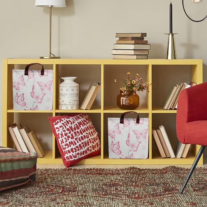 CLOCOR Rectangular Pink Basket, Collapsible Storage Bin, Waterproof Storage Box with Handles, Gift Organizer, Shelf Basket(Pink Butterfly)-NeatNest