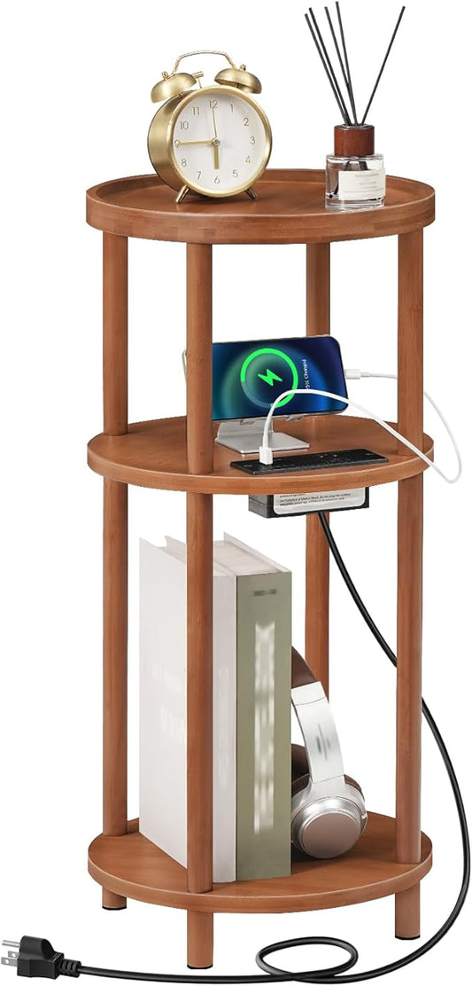 HOOBRO Small Round Side Table with Charging Station, 3-Tier Round Bamboo End Table, Compact Sofa Bedside Table for Small Space, Easy Assembly, for Living Room, Bedroom, Apartment, Walnut WL152UBZ01