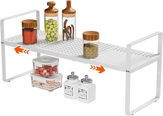 16.5-27’’L Expandable Cabinet Countertop Shelf Organizer, Stackable Metal Shelves, Kitchen Organizers and Storage, White Storage Spice Rack for Pantry and Cupboard-NeatNest