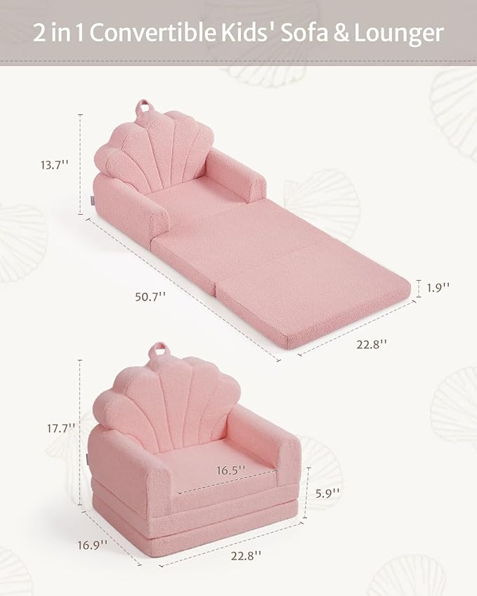 Blissful Diary Kids Couch, 2-in-1 Soft Toddler Couch Fold Out, Toddler Chair Comfy, Convertible Sofa to Lounger, Kids Furniture for Playroom, Gift for Birthday, Children's Day, Pink Shell-NeatNest