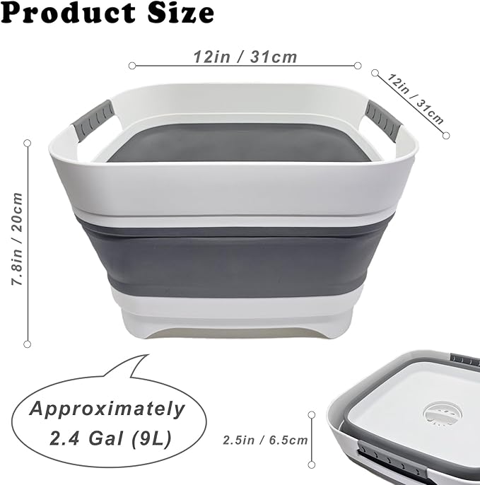 2.4 Gal (9L) Collapsible Dish Basin with 2 Drainage Plugs - Foldable Sink for Kitchen, Camping, RV | Space-Saving Multifunctional Wash Basin for Veggies, Dishes-NeatNest