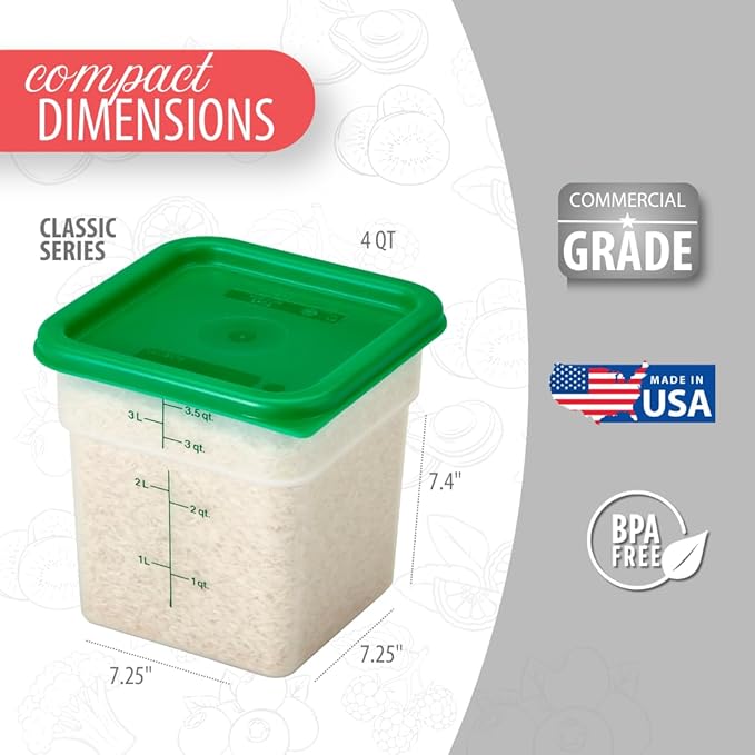 Cambro Food Storage Container with Lid (Microwave Safe and BPA-Free) - 2 Pack - Classic Series Square with Green Lid - 4 QT (Quart) - Commercial Grade for Food Prep (Translucent)-NeatNest